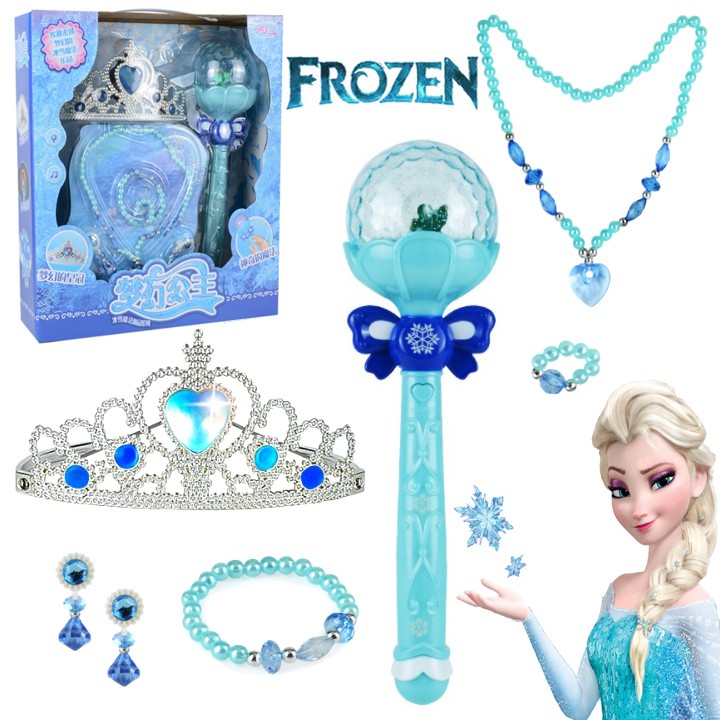 Bộ Set Vương Miện , Đũa Thần , Trang Sức Công Chúa Elsa ( Có 2 Màu Hồng , Xanh)