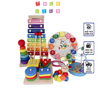 Combo 6 món đồ chơi gỗ-TACAVICO. Đồ chơi gỗ bao gồm sâu, tháp, ghép khối, luồn hạt, đàn piano, đồng hồ