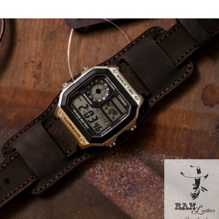 Dây Casio AE 1200 da bò đen RAM Leather B2 1952 - tặng khóa chốt và cây thay dây