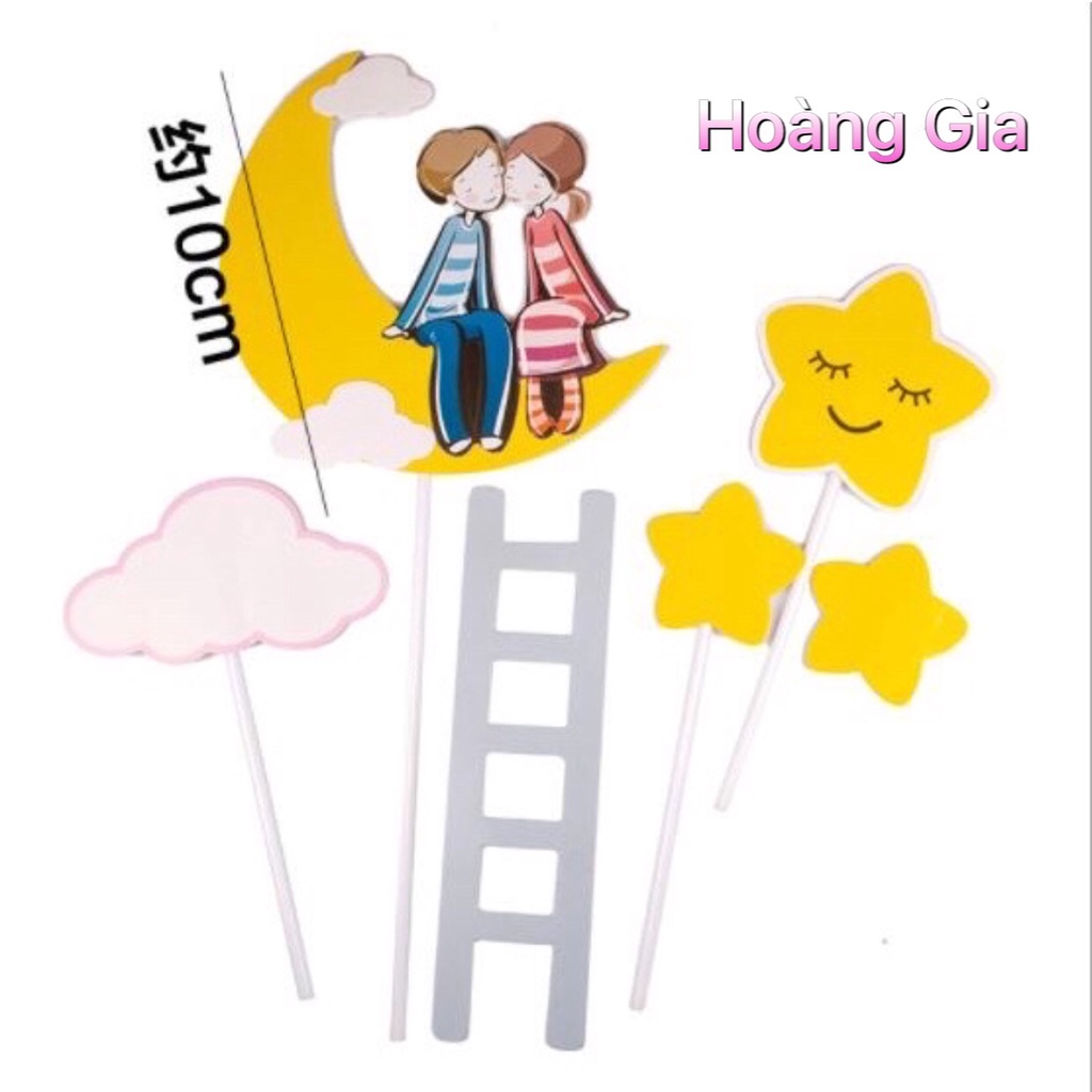 Phụ Kiện Trang Trí Bánh Sinh Nhật Bánh Kem - Thẻ cắm cặp đôi ngồi trăng