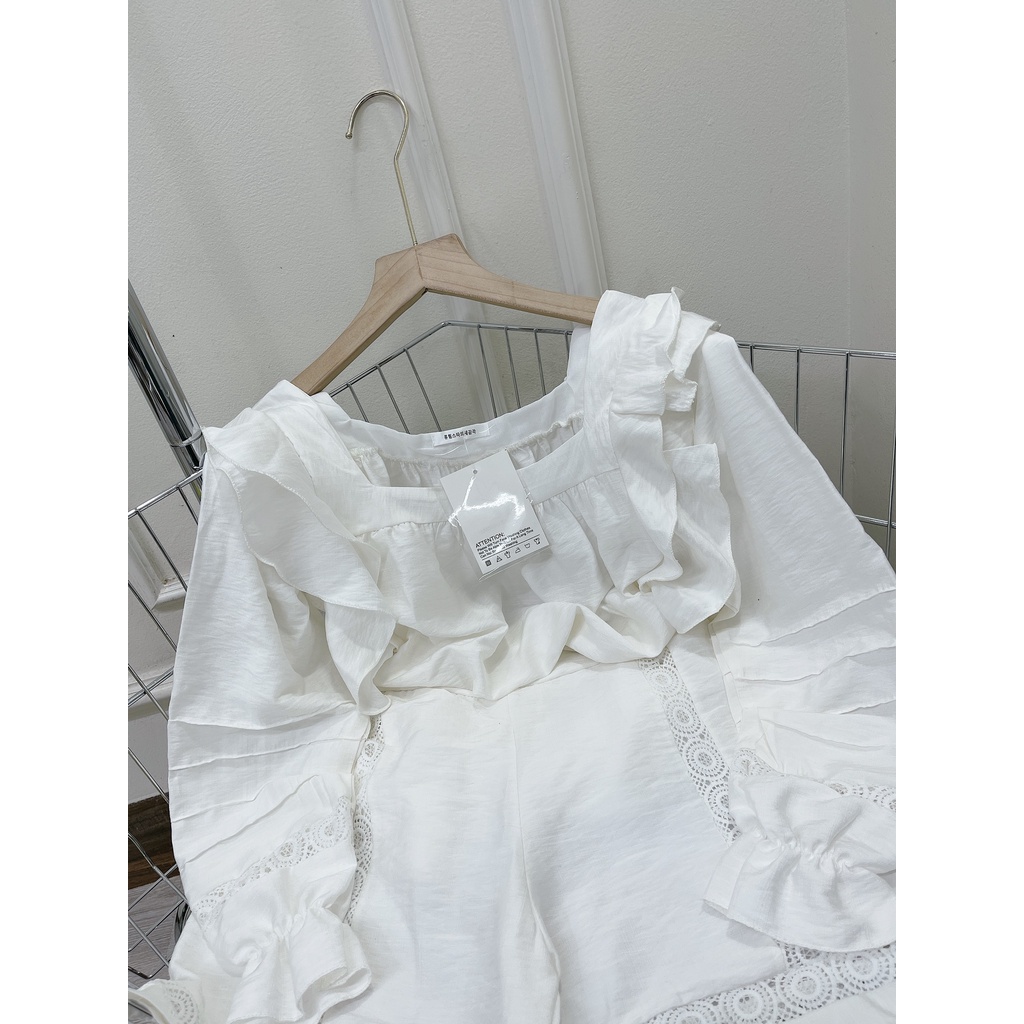 Set ren bèo cổ vuông quần đùi trắng DN325