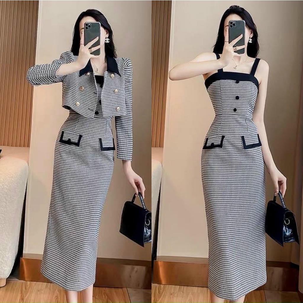 Đầm váy nữ dáng xòe họa tiết kèm áo khoác trẻ trung năng động cá tính