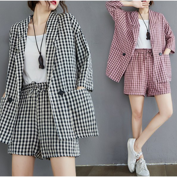 G123 Bộ đồ vest big size freesize phối áo vest quần short thiết kế kẻ caro màu sắc trẻ trung năng động