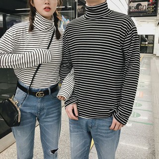 Áo Thun Dài Tay Cao Cổ Thu Đông Áo Đôi Nam Nữ Kẻ Nhỏ Đen Trắng