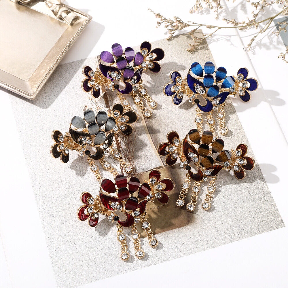 Kẹp tóc HAIMEIKANG đính đá hình hoa/chim công với tua rua cho phụ nữ