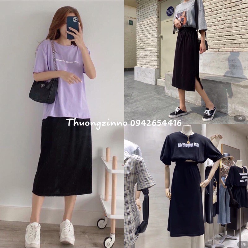 [Ảnh thật/Video] Chân váy suông cạp cao chất thun dáng dài xẻ tà Chân váy cotton trơn