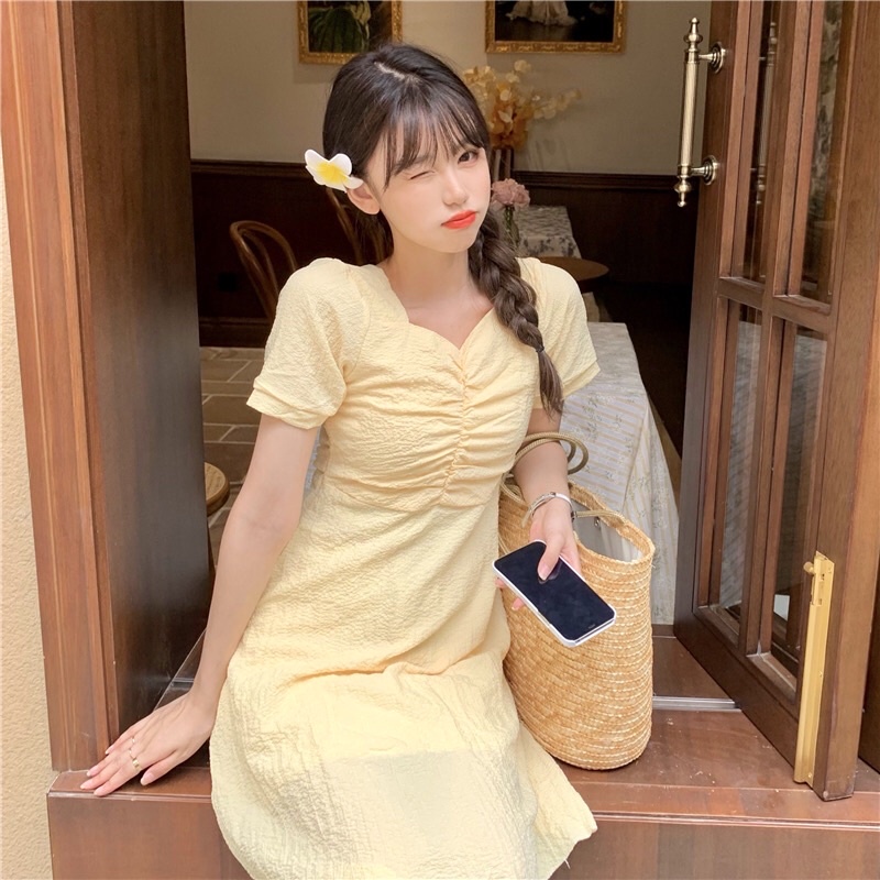 Váy cổ V nhún ngực CV02 (có ảnh thật)