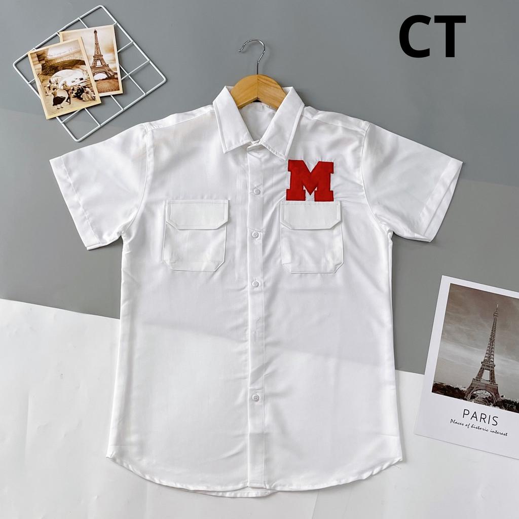 Áo Sơ Mi Nam Tay Ngắn Vải Đũi Túi Hộp Logo In Nổi Chữ M Chuẩn Form Lịch Sự Sang Trọng - SM 363 TUI HOP LOGO CHU M