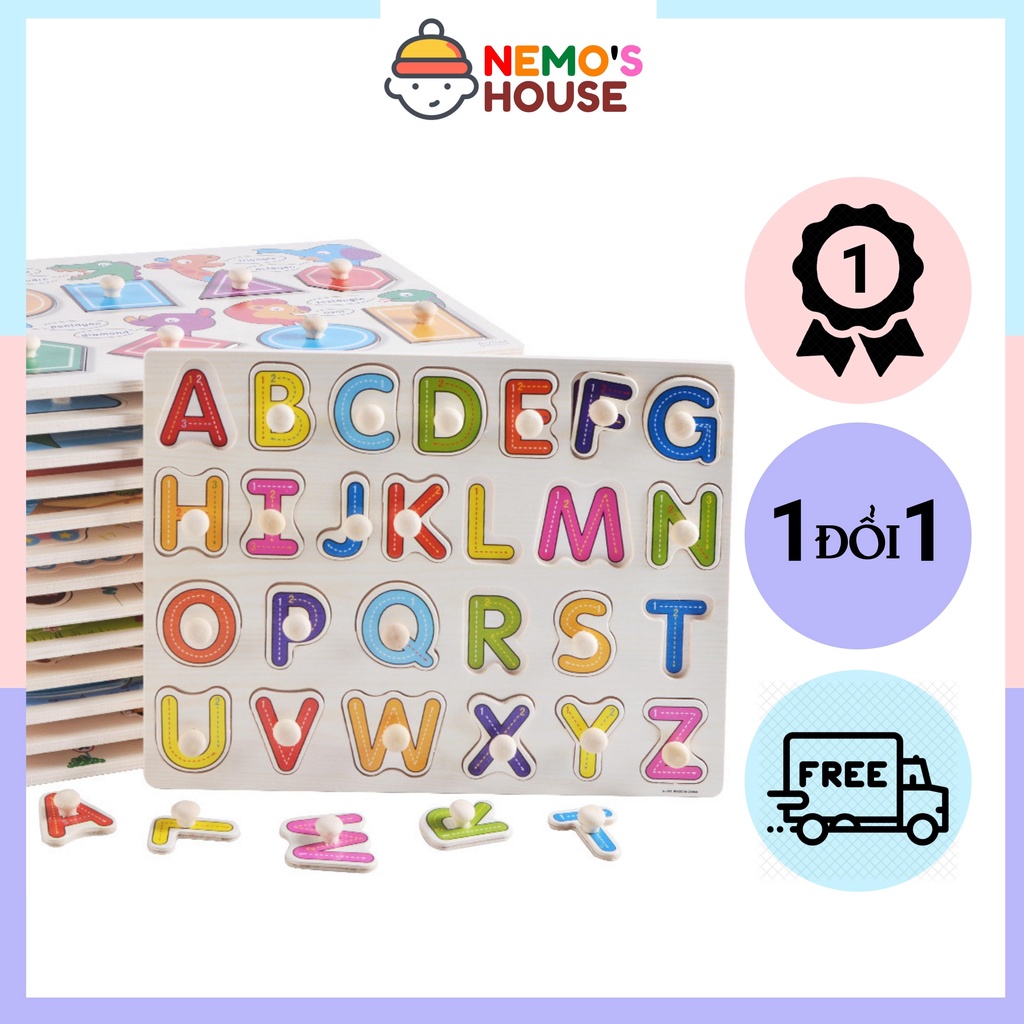 Bảng ghép hình núm gỗ cho bé, bảng gỗ chữ và số, bộ xếp hình học tập, giúp bé phát triển thông minh