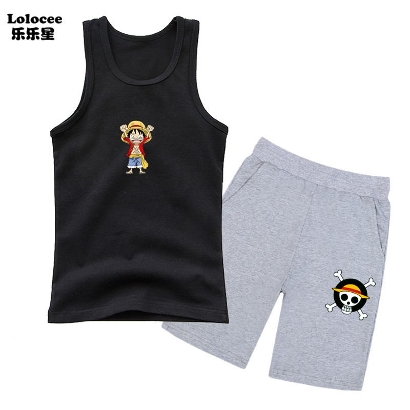 Trẻ em Mùa hè 2 mảnh Bộ trang phục Bộ đồ không tay cho bé trai One Piece Anime Luffy Xe tăng và quần đùi Bộ quần áo thể thao