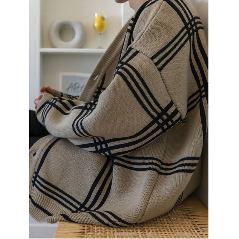 Áo khoác len Cardigan thu đông form rộng kẻ ô sọc cho nam