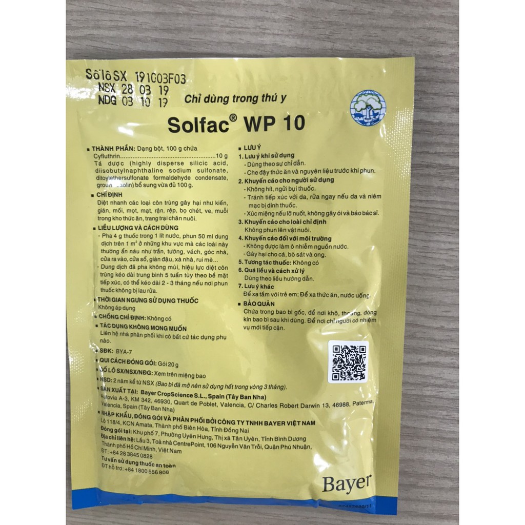 {Giá rẻ} Thuốc diệt gián, kiến côn trùng gây hại nhà yến Solfac 20g-Dũng Phi Yến-HSD năm 2023