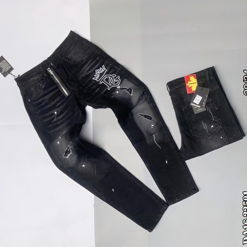 Quần jean nam đen rách gối chất bò thêu logo cao cấp co giãn mẫu mới nhất AHFASHION Đẹp