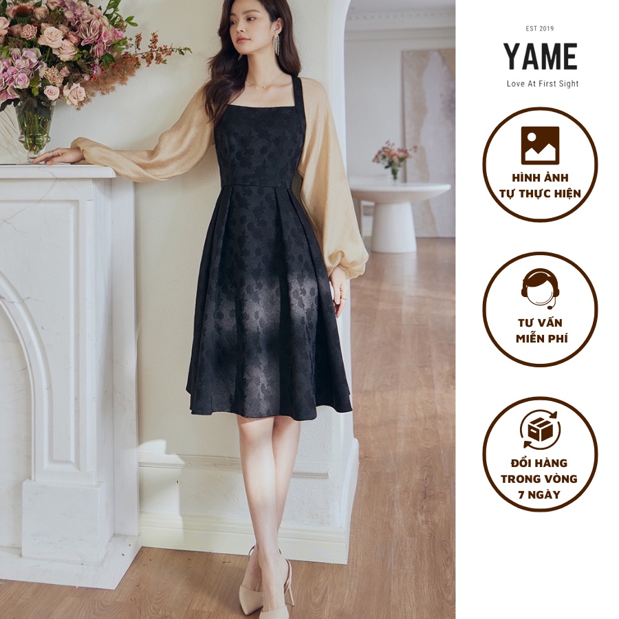 Váy gấm đen cổ vuông phối tay tiểu thư đi tiệc YV38 YAME