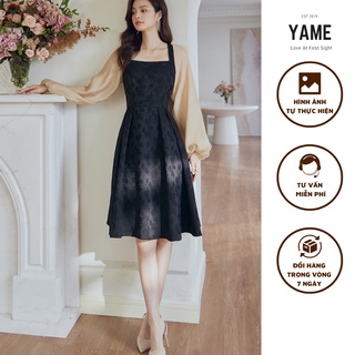 Váy gấm đen cổ vuông phối tay tiểu thư đi tiệc YV38 YAME