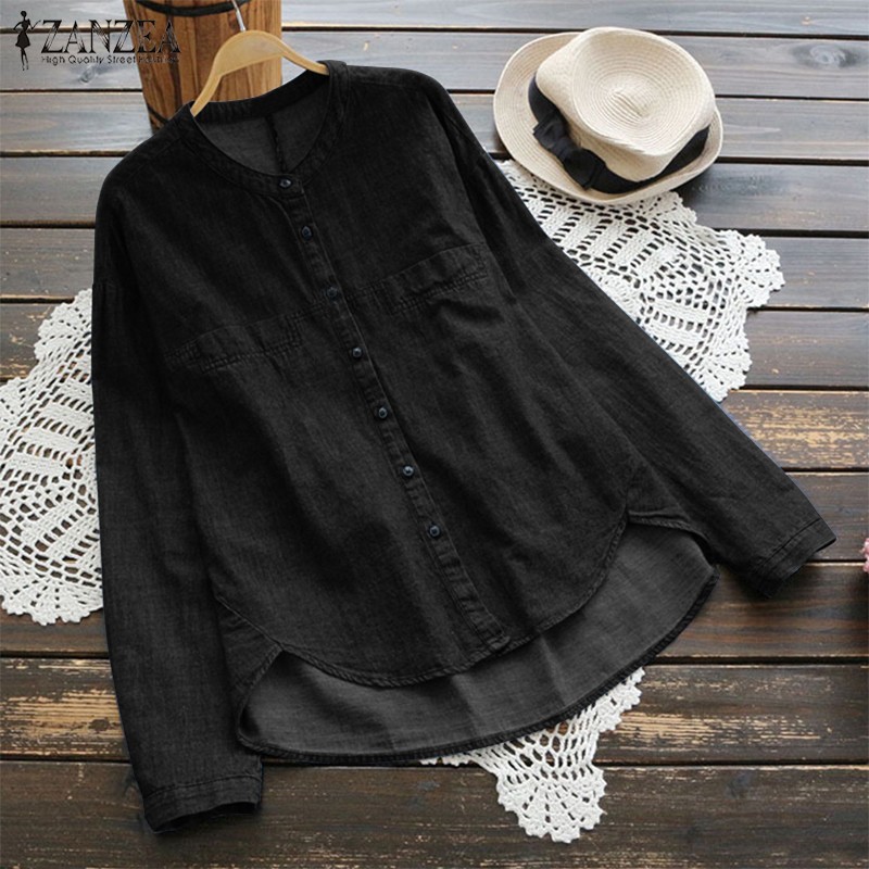 ZANZEA Phụ nữ Thường Cổ tròn Nút xuống Áo sơ mi dài tay denim