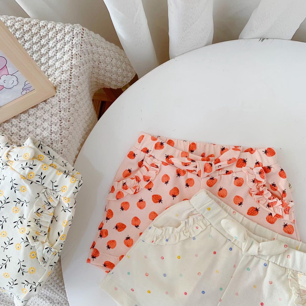 Quần sooc bé gái vải cotton mềm mát hoạ tiết đính nơ Beemo BM08