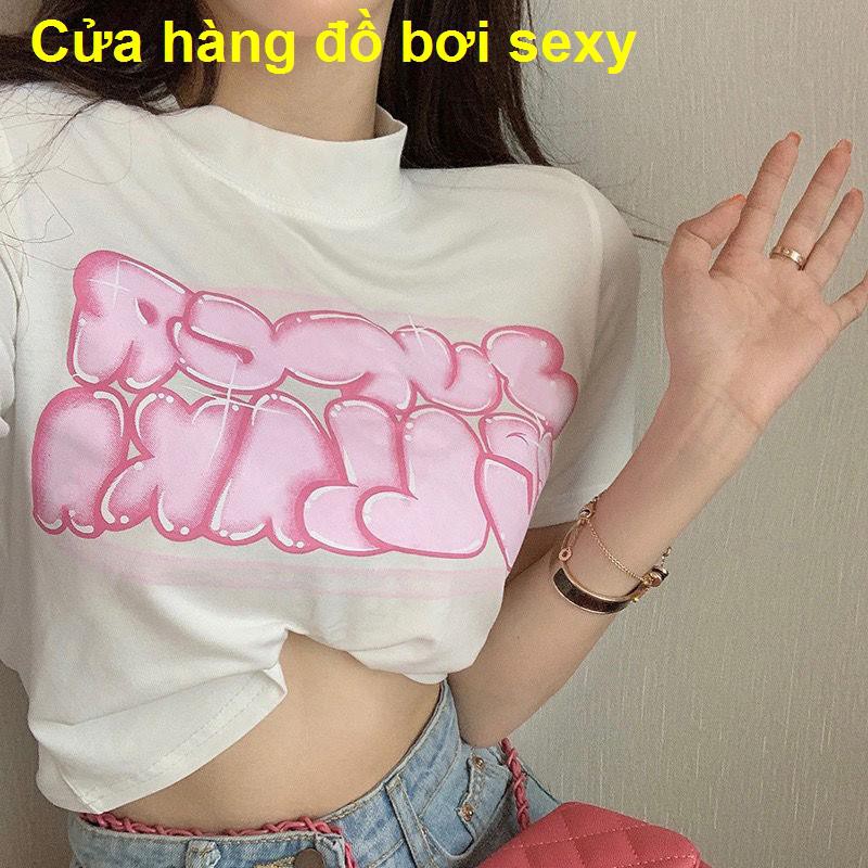 Áo phông in chữ cá nhân nữ mùa hè thuần túy phong cách sexy ngắn ôm sát màu trắng tay phía trên triều