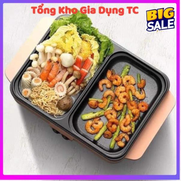 Nồi lẩu nướng điện 2 ngăn mini chống dính siêu tốt tiết kiệm không gian