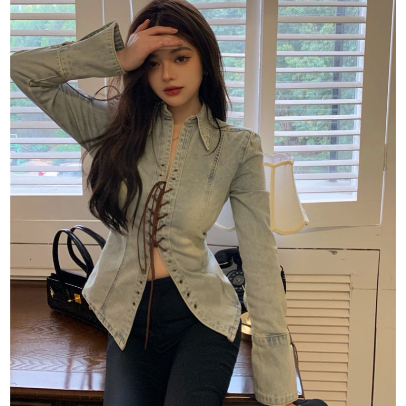 Áo Sơ Mi Denim Tay Dài Thắt Dây Chéo Phong Cách Cổ Điển Thời Trang Cho Nữ