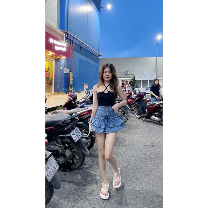 Chân váy xoè tầng ,chân váy jeans cao cấp PLV52