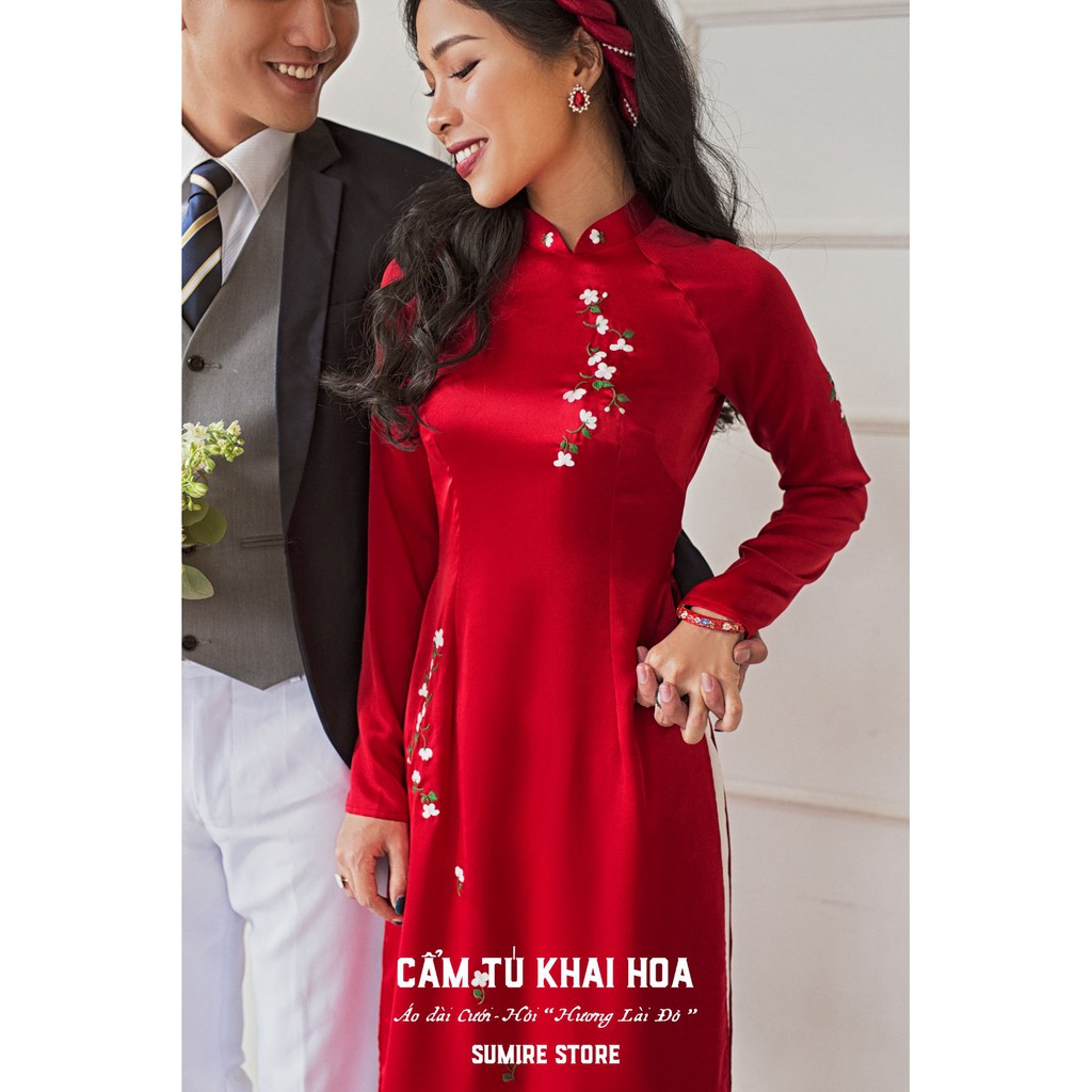 Sumire Store Áo dài Truyền thống Thêu tay Hương Lài Đỏ