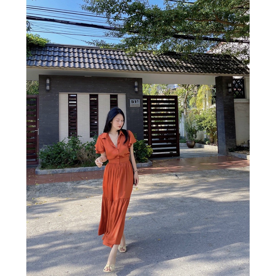 Đầm dài màu cam thiết kế ngắn tay FAMILY OUTLET