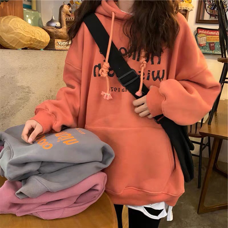 ÁO KHOÁC HOODIE NỮ MÀU CAM VẢI NỈ HELLO Hoodies unisex