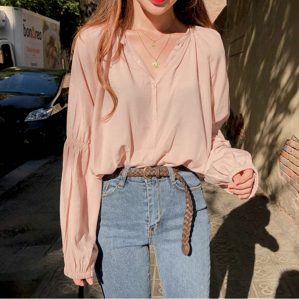 SUXI NEW Áo Kiểu Tay Dài Màu Trơn Thiết Kế Cổ Chữ V Thanh Lịch