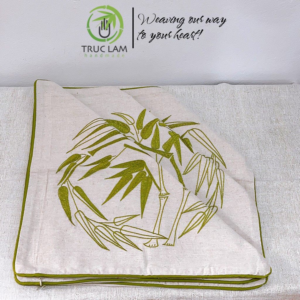 Gối/Vỏ Gối Vuông Tựa Lưng Sofa (45x45) Trang Trí Phòng  Vải Linen Thêu Thủ Công Hình Cành Tre - Trúc Lâm Handmade