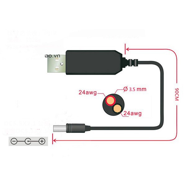 Cáp chuyển đổi điện áp từ cổng USB 5V sang 9V/12V