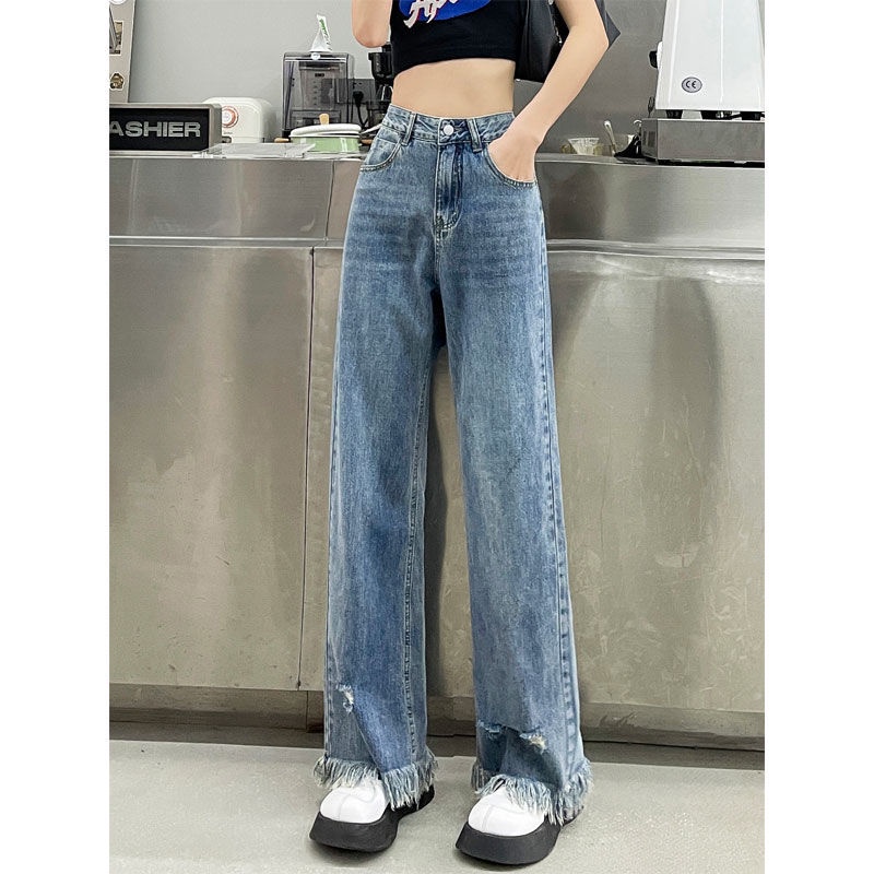 Jiashucheng Quần Jean Nữ Ống Rộng Lưng Cao Phối Tua Rua Phong Cách Harajuku Đường Phố