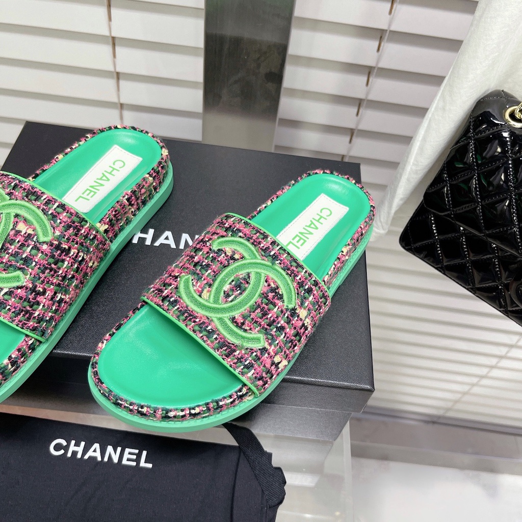 Dép nữ da thật thời trang cao cấp 𝘾𝙝𝙖𝙣𝙚𝙡 𝘾𝙝𝙖𝙣n𝙚𝙡 CN thiết kế dạ tweed, phong cách cá tính