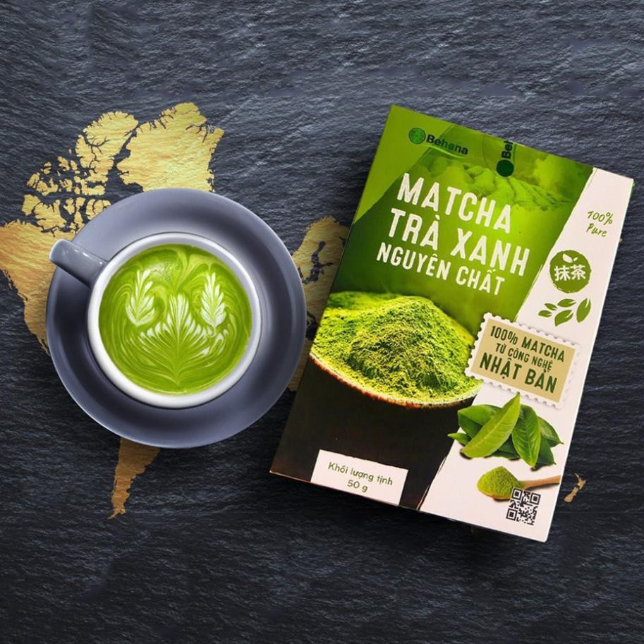 Matcha Trà Xanh Nguyên Chất 100% Công Nghệ Nhật Bản Behena hộp 50g - Nguyên Liệu Làm Bánh Pha Chế Trà Sữa Latte Hộp 50g