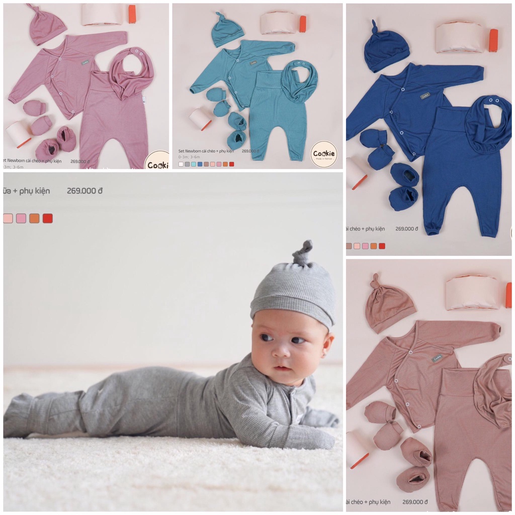 [Rẻ Vô Địch] Set cài chéo dài tay kèm phụ kiện trẻ sơ sinh Cookie