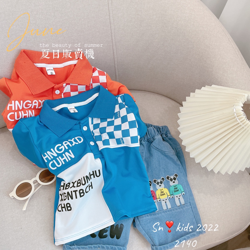 Bộ quần áo cộc tay bé trai kiểu dáng hàn quốc, set áo polo hoạ tiêt HNGAXI phối quần bò ngố cho bé size 10-32kg