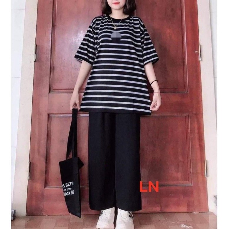 Sét áo kẻ đen + quần ống rộng LN0421