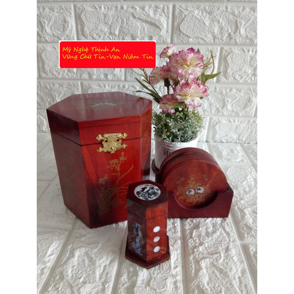 Bộ ba món tiện ích hộp trà lớn,lót ly khảm,hộp tăm - 3MLL