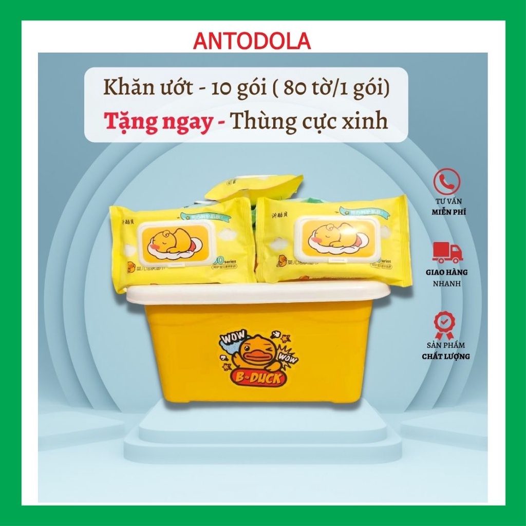 Thùng 10 Gói Khăn Giấy Ướt Vịt Vàng Tiện Dụng Siêu Đáng Yêu Tặng Thùng Nhựa Xinh Xắn