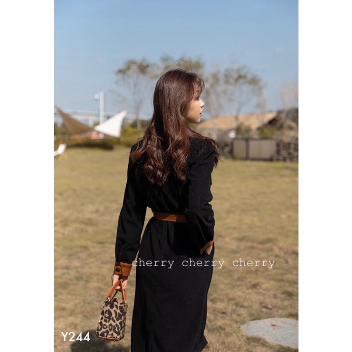 Váy nhung phối da dáng thon dài Y244