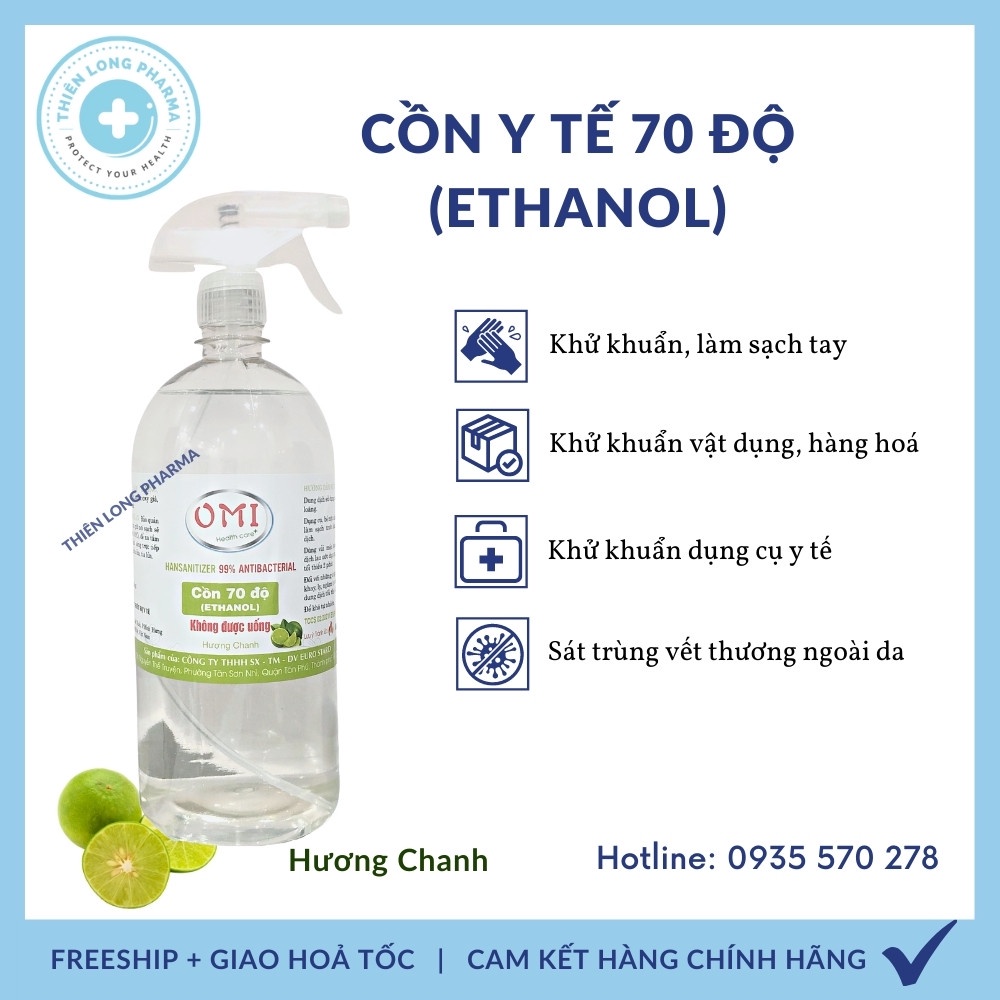 Cồn 70 độ Ethanol 1000ml, cồn y tế xịt diệt khuẩn, rửa tay có vòi xịt Calita