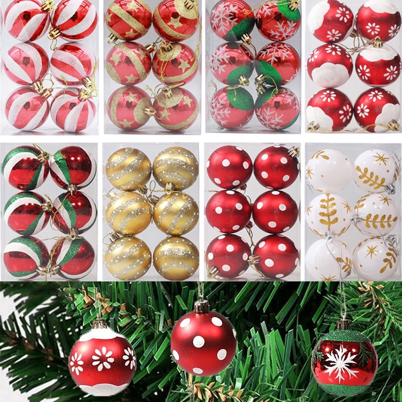 Set 6 Quả Cầu Tuyết 6cm Chấm Bi / Sọc / Bông Tuyết Treo Trang Trí Cây Thông Giáng Sinh