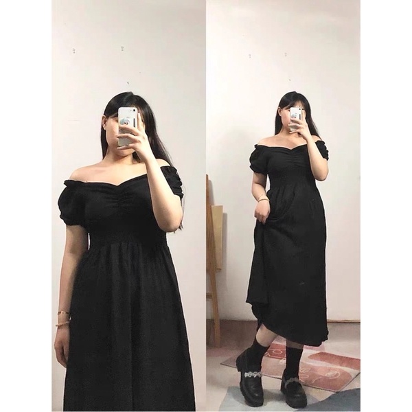 D118 - Đầm Bigsize Đen Nhún Eo Tay Ngắn