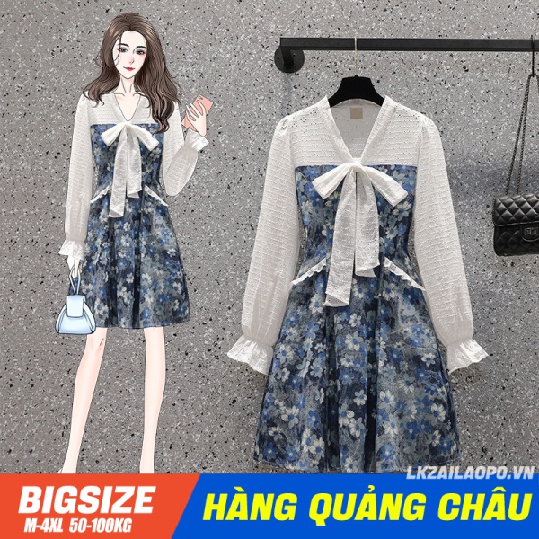BIGSIZE nữ 45-100kg Váy Đầm dự tiệc sang chảnh cá tính - voan Phối Nơ tay dài mùa thu Phong cách Pháp xinh đẹp - quảng châu cao cấp