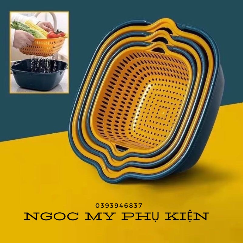 Sét rổ 6 món Chậu Kèm Rổ Dáng Vuông Mới siêu tiện lợi - chất liệu nhựa pp an toàn cho người sử dụng