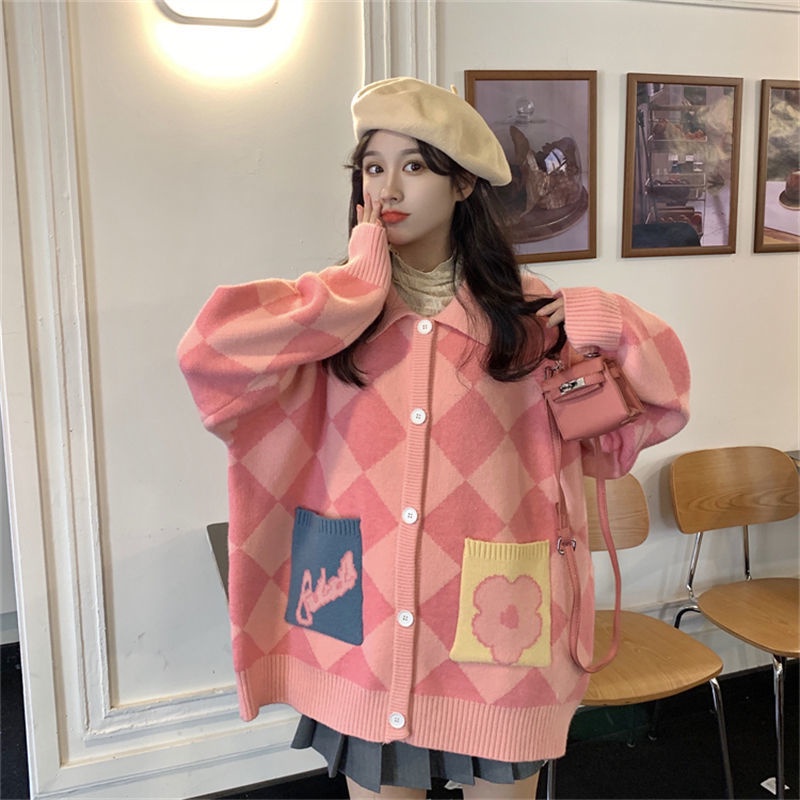 Áo khoác cardigan tay dài dáng rộng họa tiết hình thoi bắt mắt