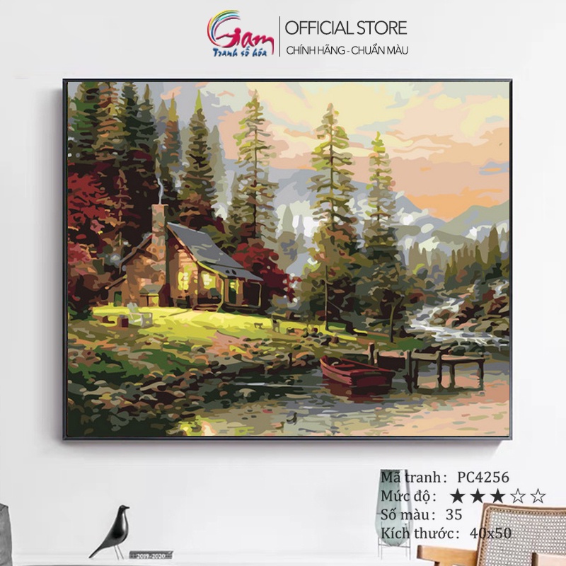Tranh tô màu số hoá GAM phong cảnh ngôi nhà trong rừng có căng khung 40x50cm PC4256