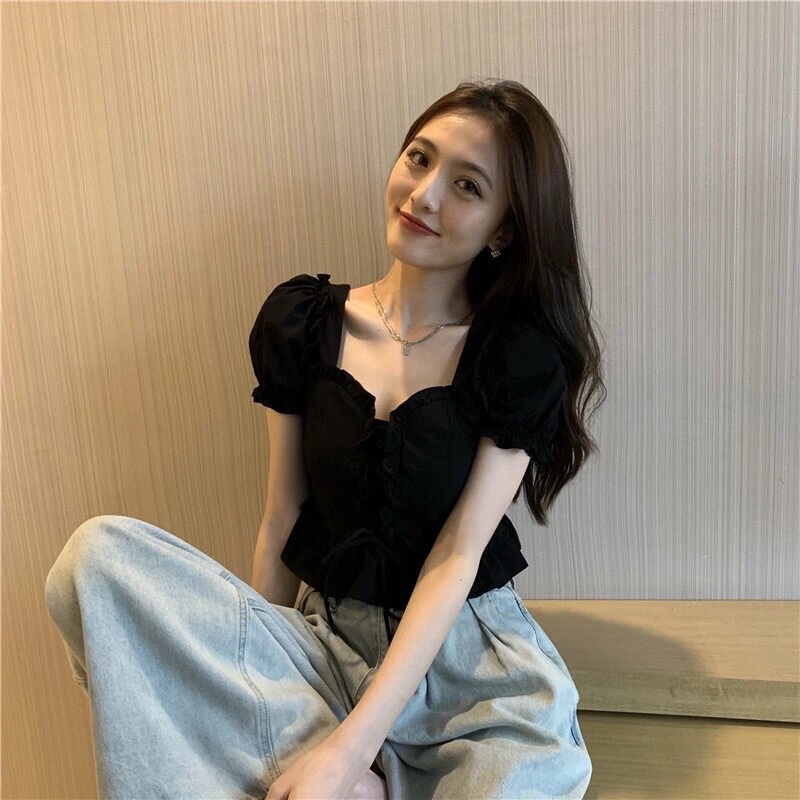 Áo cổ vuông tay bồng đan dây trước chun lưng