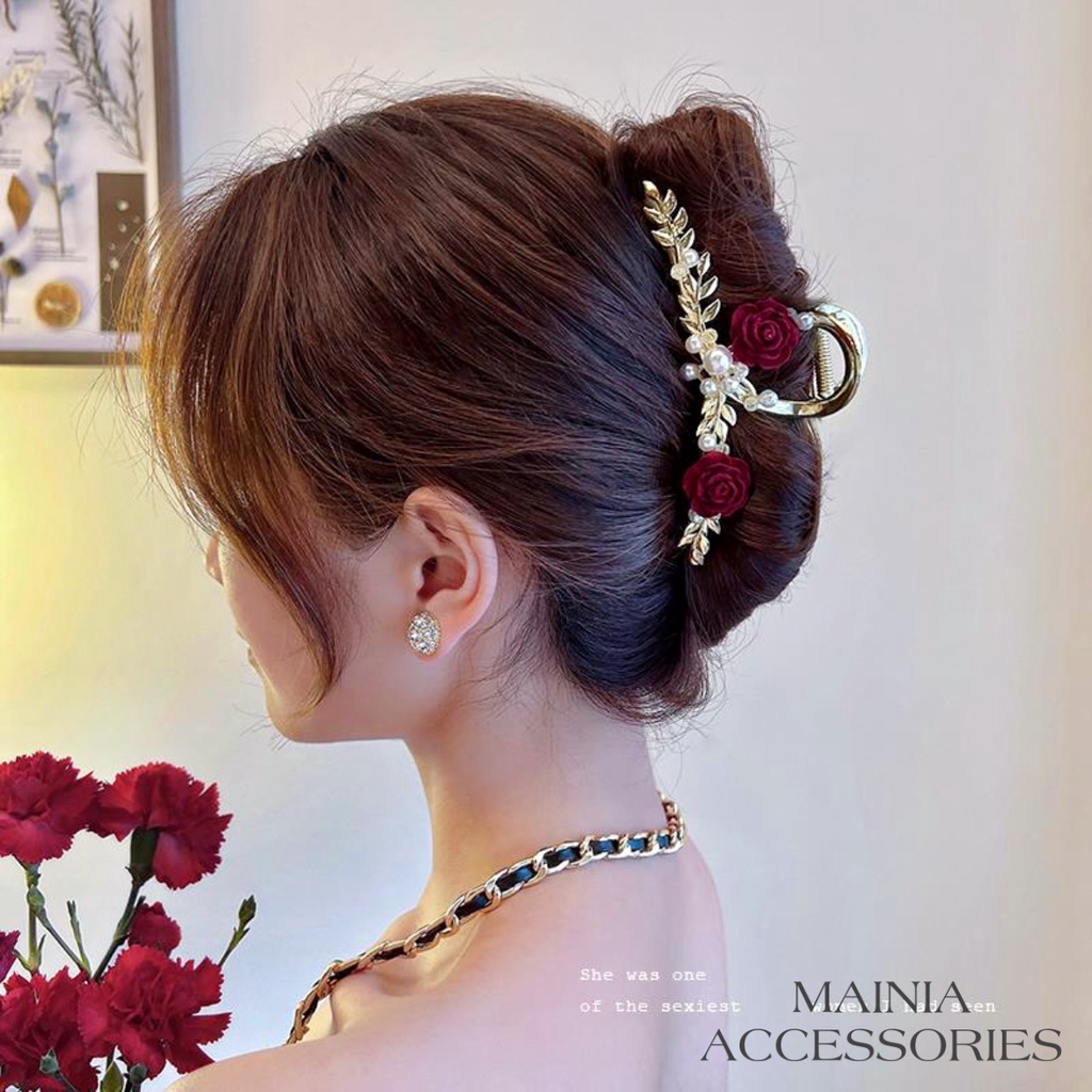 Kẹp Tóc Càng Cua Kim Loại Hàn Quốc Đính Hoa Hồng Nhung Đỏ Siêu Sang Chảnh Kẹp Tóc Đi Chơi Đi Tiệc Mainia Shop