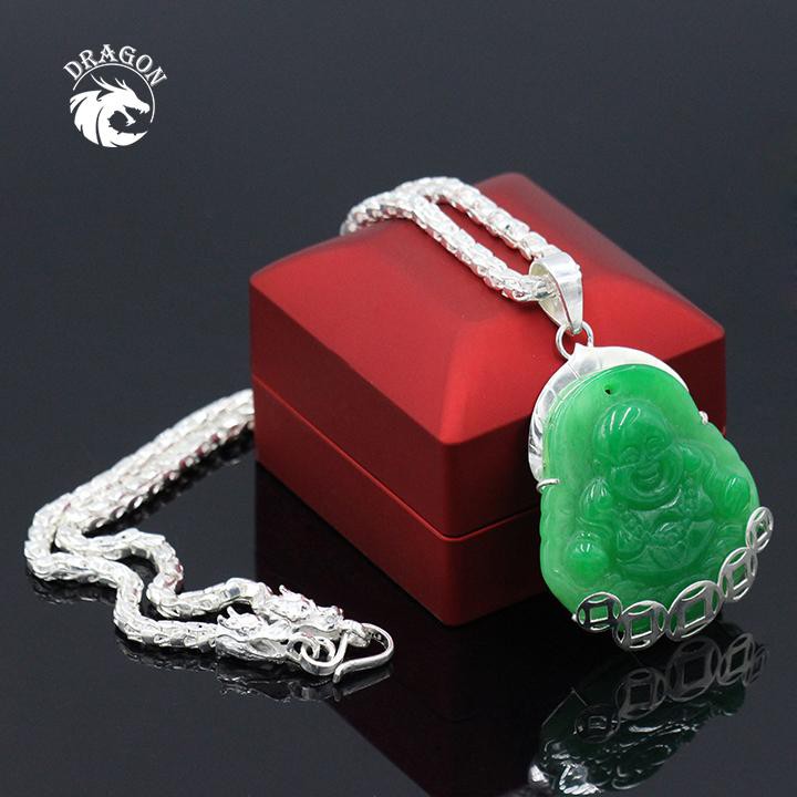 ( Bộ Bạc 925 ) Dây chuyền khóa đầu rồng - Kèm mặt Di Lạc đá xanh bọc bạc ( loại to )